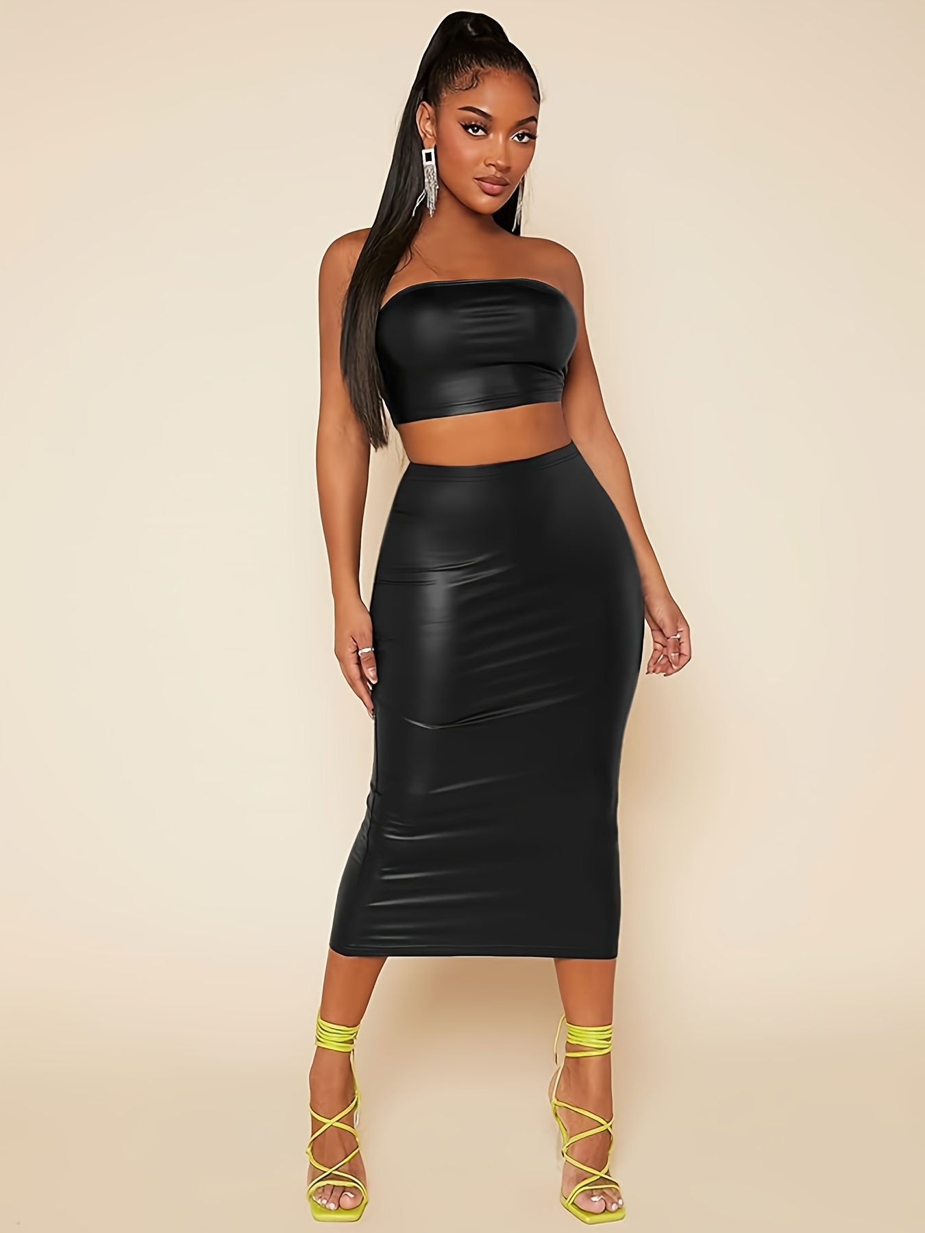 Sexy Faux Leather Skirt Set Crop Tube Top High Waist Bodycon - Temu