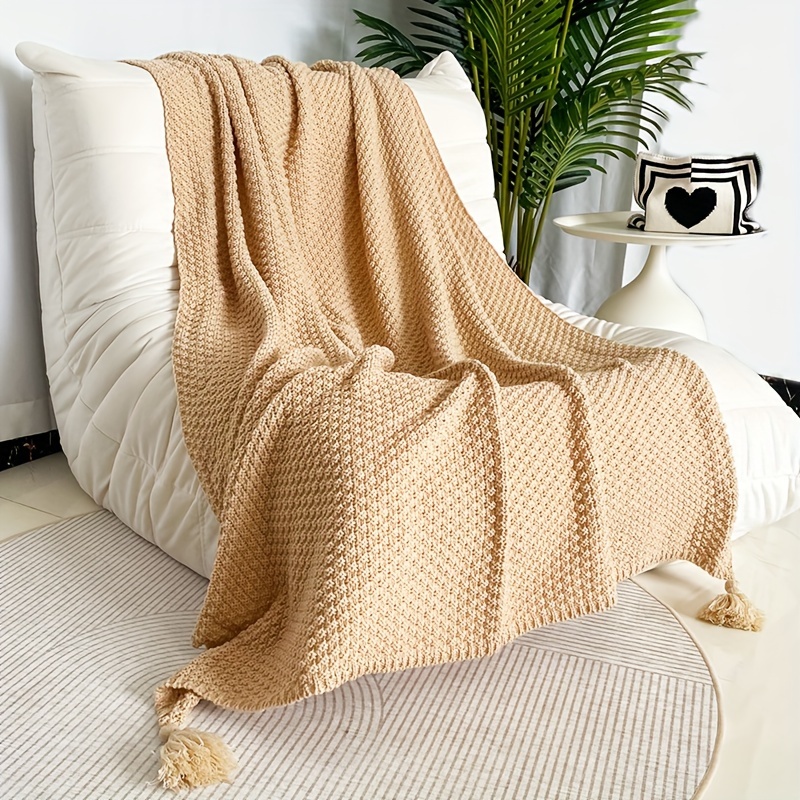 

Boho Chic Knit Throw Blanket With Tassels - Versatile For Sofa, Office, Bed, And Travel - Cozy All-season Gift