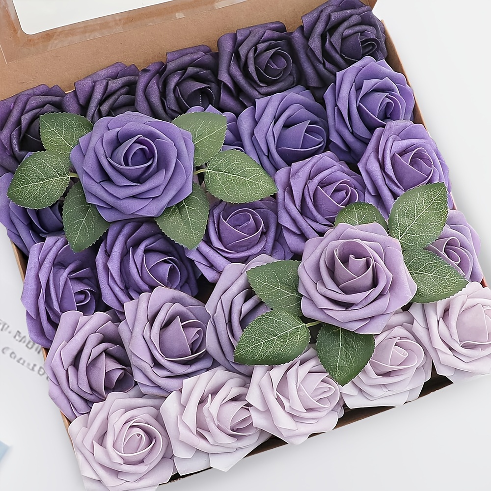 

25 Artificial Flowers, Lavender Gradient Color Foam Fake Roses With Stems For Diy Wedding Bouquets, Bride Shower Flowers, Home Decoration