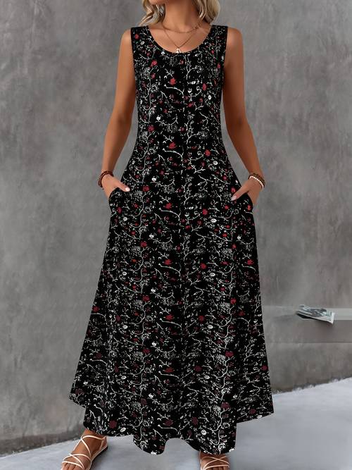 womens summer sleeveless dress floral print round neck with pockets casual to dressy washable plus size yellow dress for shopping office wear cute summer dresses everyday elegant wear nontransparent material
