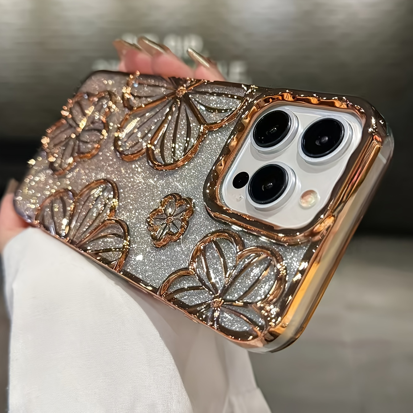 Image of Phone Case - Phone Case Flash Powder Electroplating Retro Hollow Three-dimensional Oil Painting Flower Anti-tpu Dopamine Suitable For Iphone For Iphone 11/for Iphone 13/for Iphone 14 Pro Max