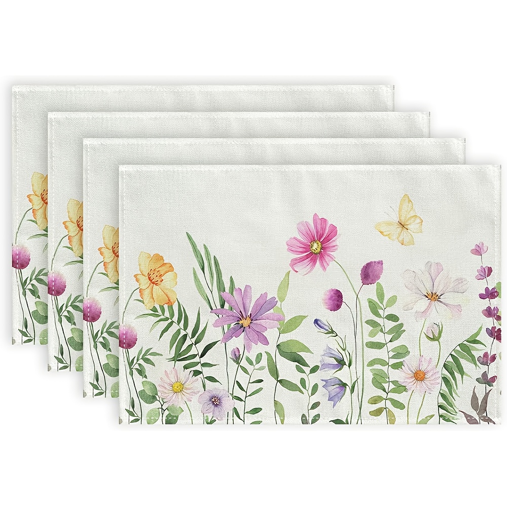 

4-pack Spring Floral Placemats, 18x12 Inch Polyester Woven Rectangular Table Mats, Hand Washable Farmhouse Decor For Indoor & Outdoor Dining