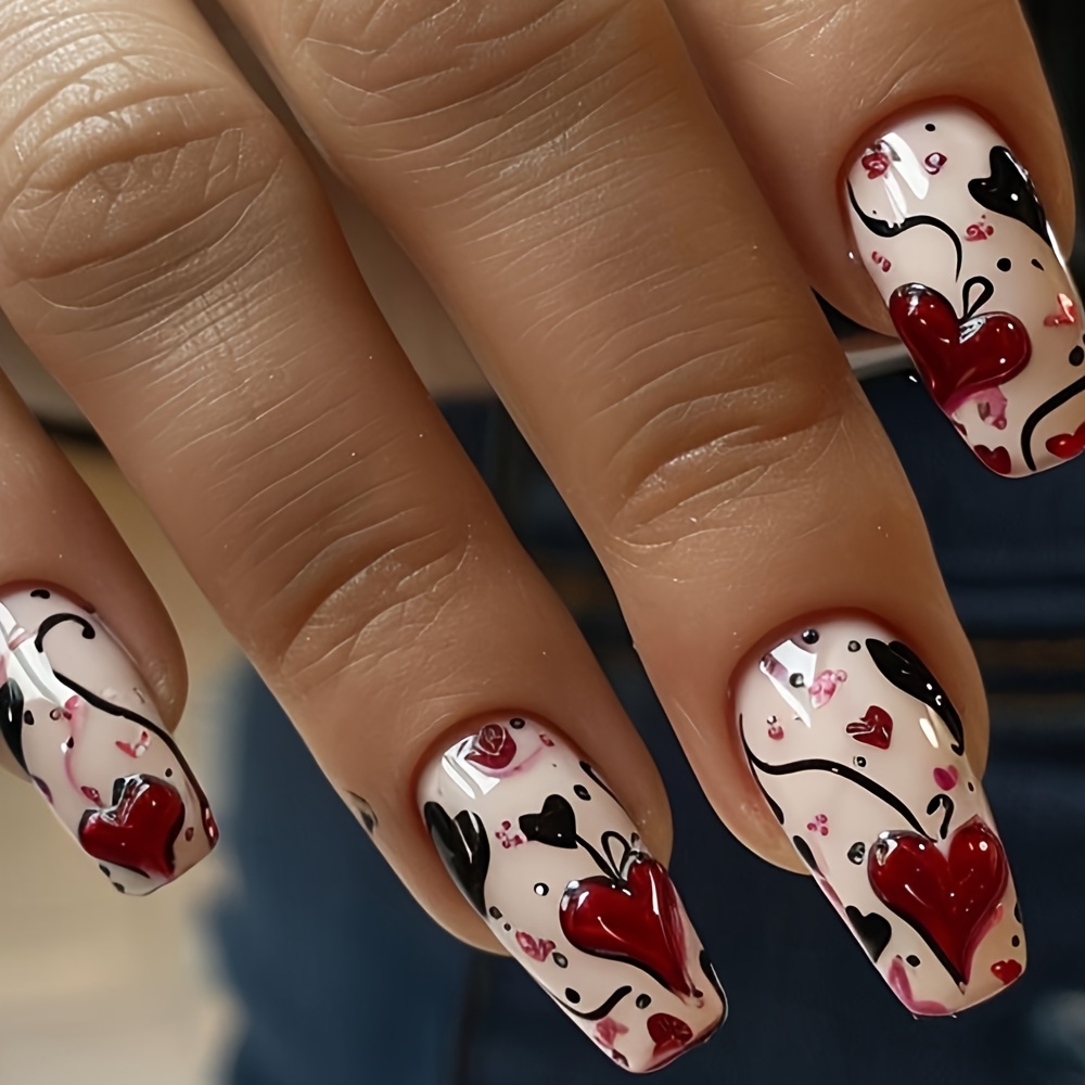

24pcs Valentine's Day Press On Nails Medium Square Fake Nails Red Heart And Black Full Cover False Nails Acrylic Stick On Nails For Women Girls