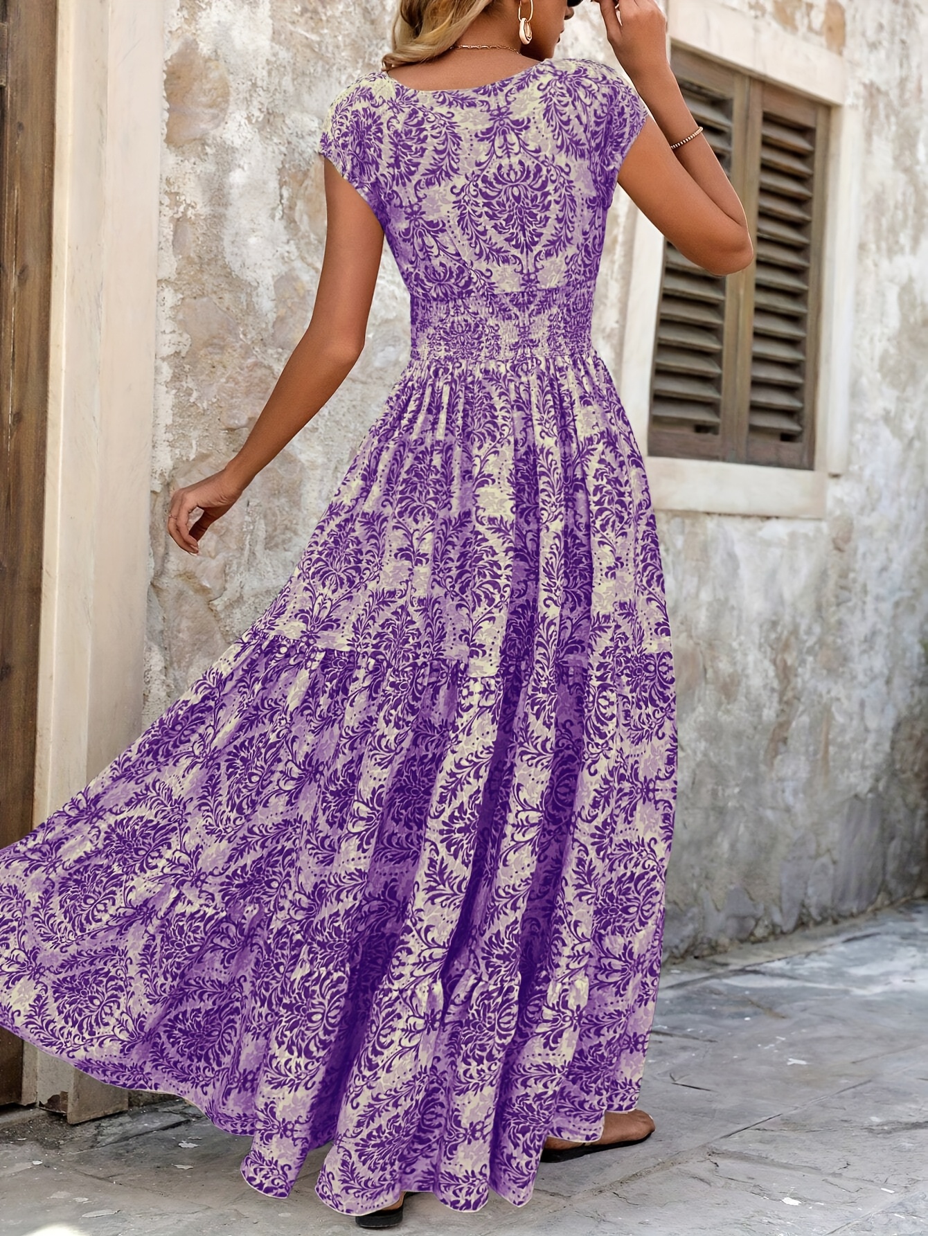 Women'S Vibrant Purple Floral Print V-Neck Maxi Dress - Short Sleeve womens vibrant purple floral print v neck maxi dress short - Temu Italy