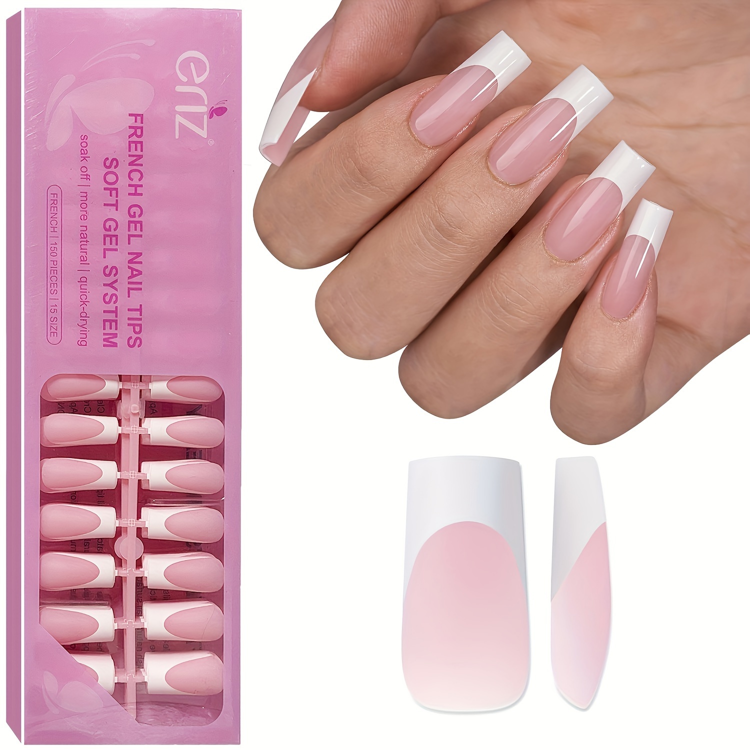 

150 French Smooth Nail Tips, 15 Sizes Of Square Tips For Nail Pressing, Rectangular Fake Nails, 1 Coating, Used For Diy Female Nail Decoration