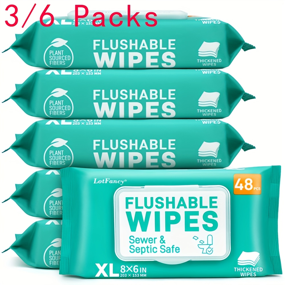  extra large flushable wet wipes thickened   wipes 3   x 48 ct 144 288 wipes septic sewer safe quick dispersing no alcohol plant based fibers flushable toilet personal household cleaning wipes