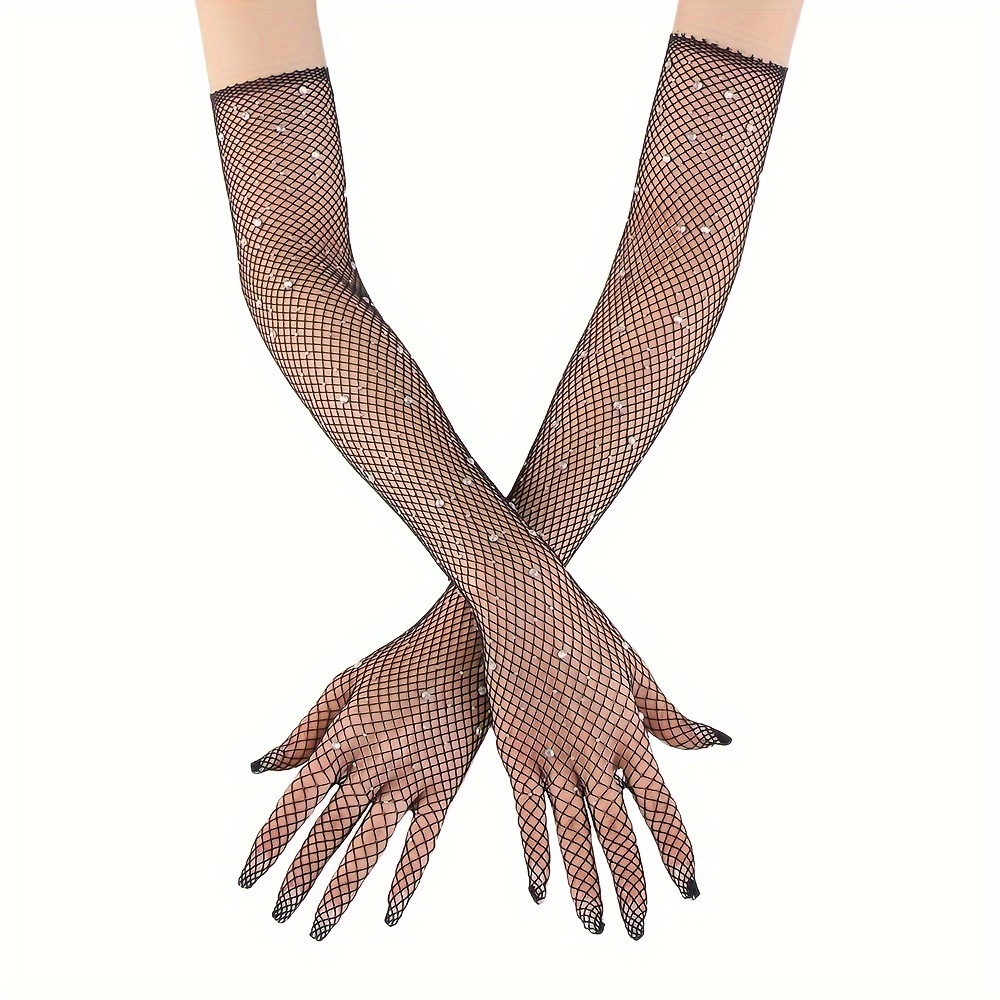 

Elegant Long Lace Gloves With Rhinestones - Breathable, Fingerless Design For Women | Evening Dates &