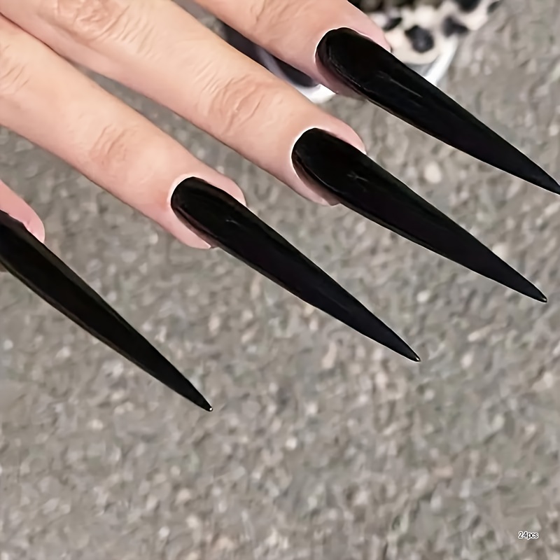 TEMU Solid Color 24pcs Long Stiletto Full Coverage Reusable Press-on Fake Nails, Suitable For Women's Diy Manicure