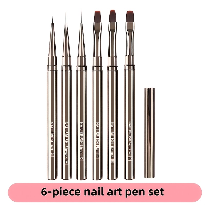 TEMU Ensemble complet de 6 pinceaux de nail art à manche en métal | Gamme complète de pinceaux gel ronds et carrés, pinceaux de peinture, pinceaux