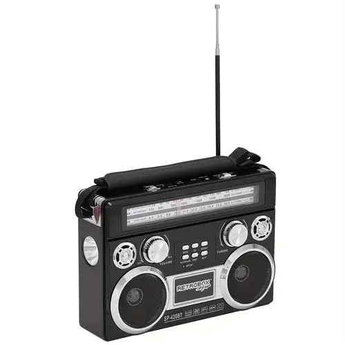 retroboombox solar usb rechargeable portable radio am fm sw 3 band mp3 player with led flashlight telescopic antenna wireless speaker black red ideal for trips emergencies outdoor vintage durable abs material