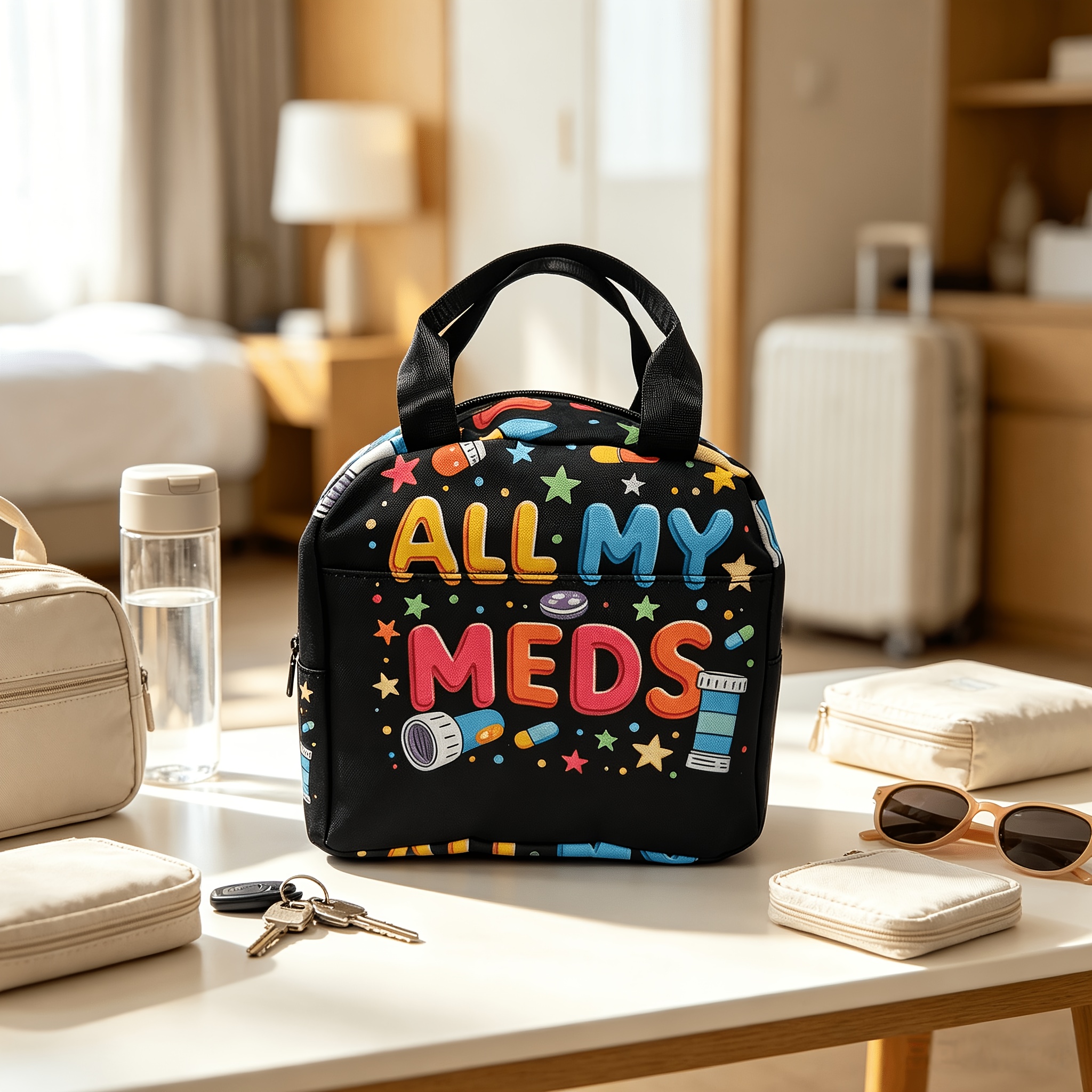 TEMU 1pc, "colorful Meds-themed Design With Stars And Pills." Printed Insulated Cooler Bag - Reusable Portable For Home , Unisex Non Food Contact,