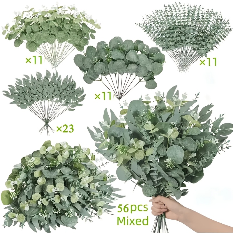 TEMU 50/52/56pcs Bulk Artificial Eucalyptus Flowers & Stems With 4 Leaf Varieties - Realistic Diy Wedding, Valentine's, 's Day, Spring Decorations -
