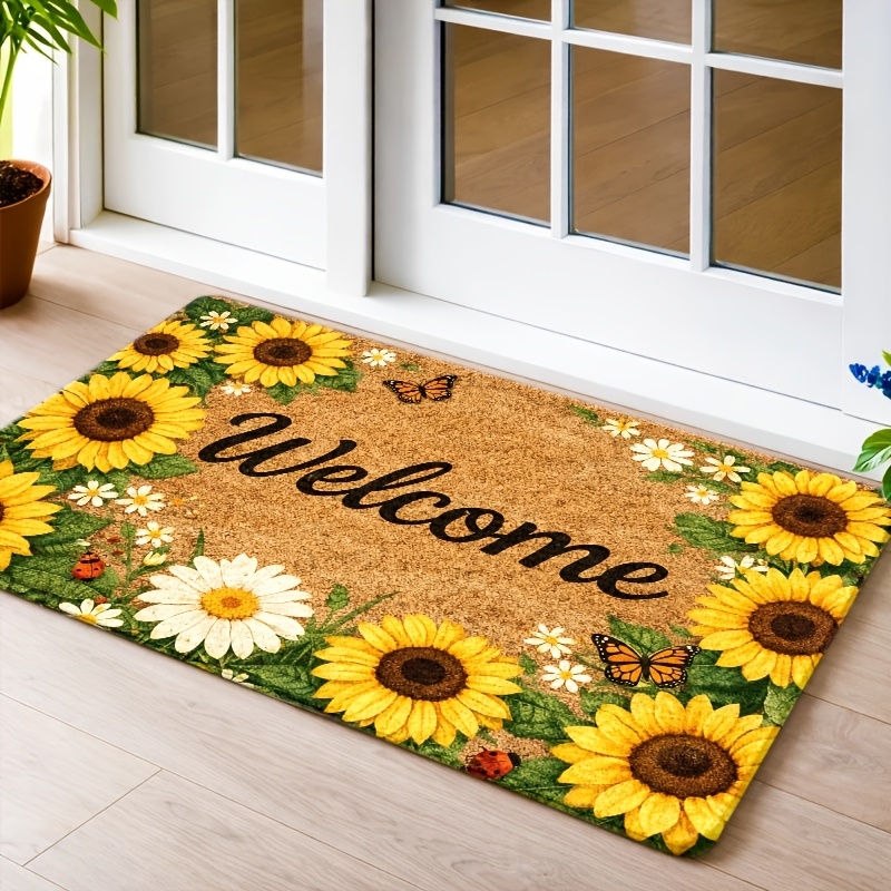 TEMU 1pc 2d Flat Printing Flannel Material Door Mat, Flannel Rectangular Entrance Mat + 10mm Thickness + 500g/㎡, Sunflower Welcome Doormat, Durable