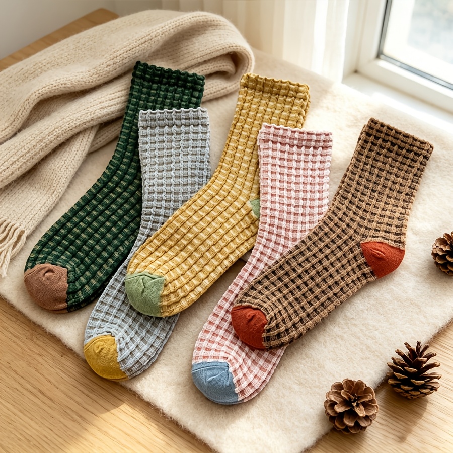 TEMU 5 Pairs Women's Waffle Knit Mid-calf Socks, Contrast Toe Casual Mid-calf Socks, Soft And Breathable Women's Socks, Warm Autumn Winter 's Socks,