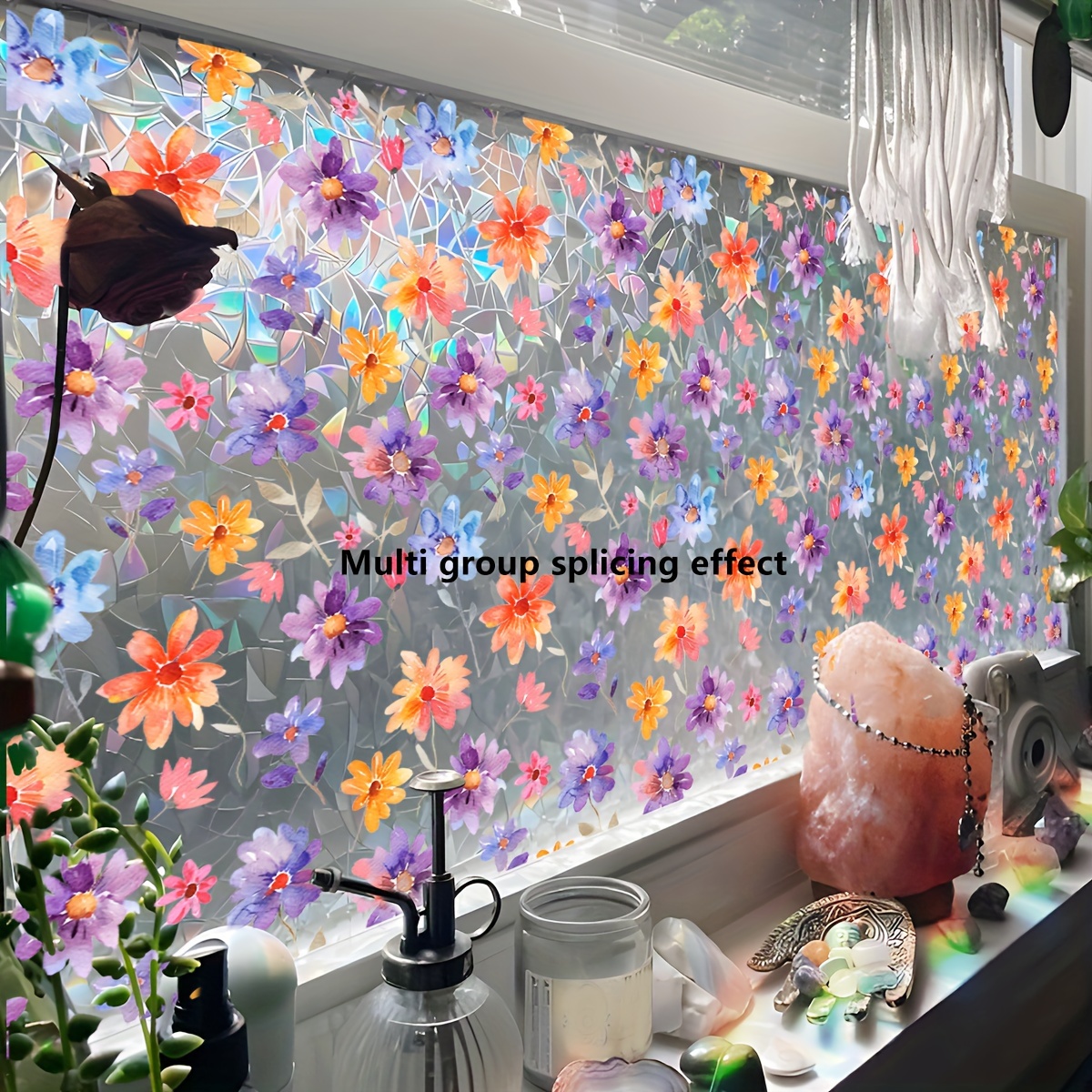 

Colorful Hand-painted Flower Privacy Window Cling, 16"x16" - Static Electricity Adhesive, Removable & Waterproof Pvc Film For Glass Doors And Windows