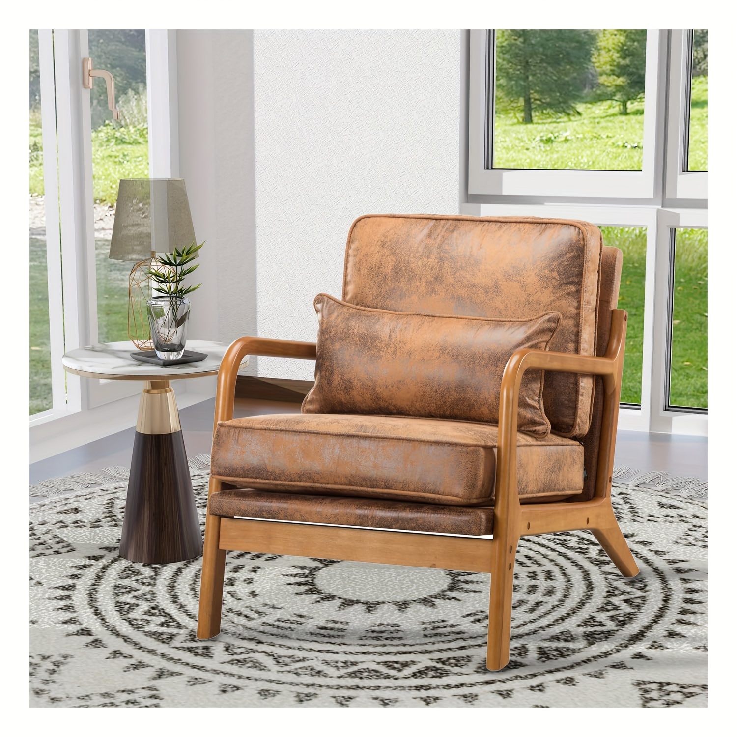 

-inch Mid-century Modern Accent Chair With Soft Padded Leather Upholstery, Sturdy Solid Wood Frame, For Any Room, Easy To Clean & Assemble, Colors (brown/light Brown)