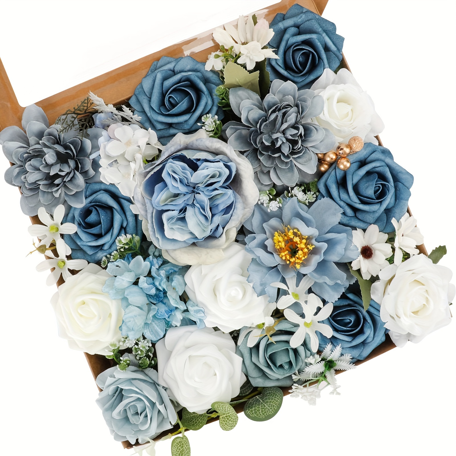 

1 Set Blue White Theme Artificial Flower Box, With 5pcs Cable Ties And 15pcs Stems, Dusty Blue Flowers Artificial For Decoration, Assorted Fake White Roses In Bulk Silk Foam Flowers, 10x10in