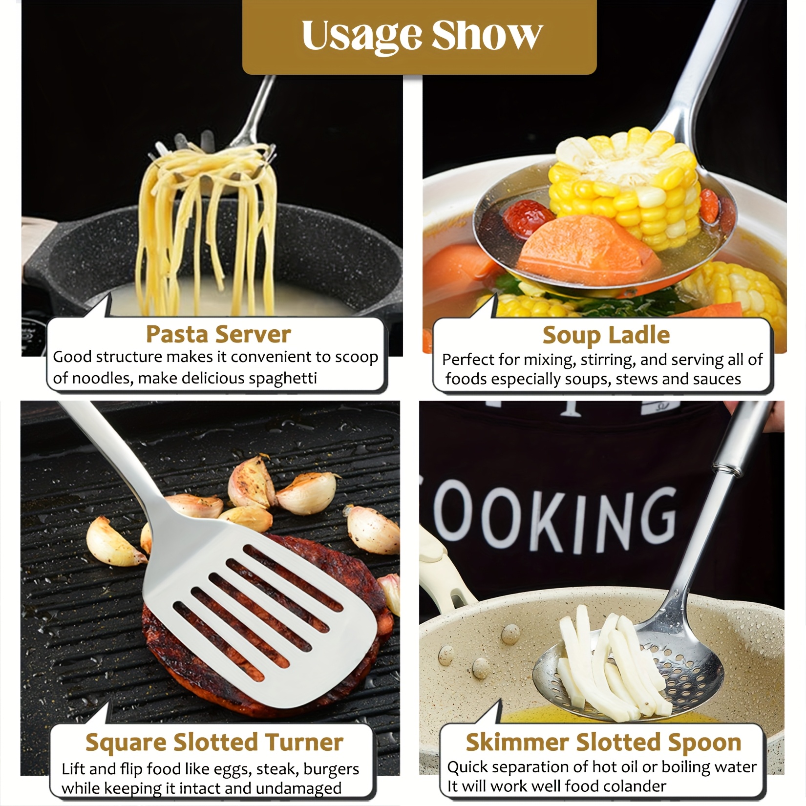 25  cooking utensils set stainless steel kitchen utensils set for cooking heat resistant spatula set   with turners serving spoon ladle skimmer pasta server father gift details 2