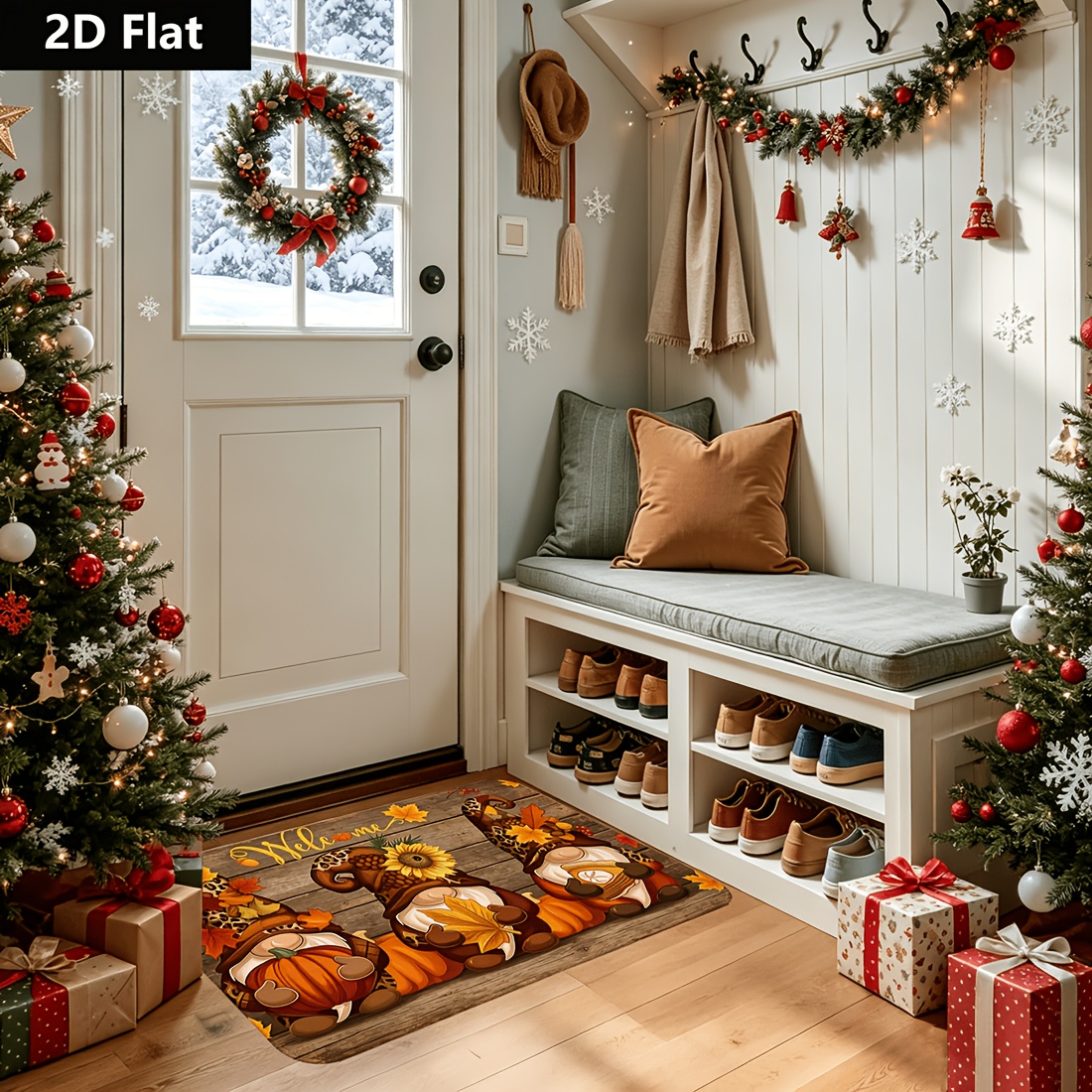 TEMU 1pc 2d Flat Door Mat Kitchen Mat Autumn Gnomes & Fall Leaves Print Sponge Floor Mat – Cozy Harvest Design For Kitchen, Bathroom, Or Entryway –
