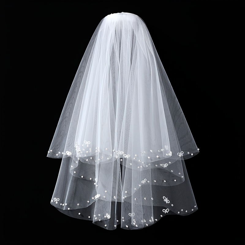 TEMU Elegant White Bridal Veil With Beaded Embellishment - Off-shoulder Short Length - Church Veil, Decorative Accessory For Wedding Wear