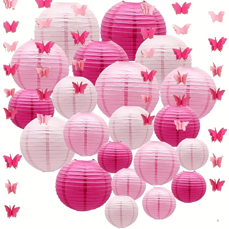 Image of 22pcs Colored Paper Lantern Decorations, Hanging Round Paper Lanterns For Indoor Outdoor Graduation Wedding Birthday Valentine's Day Shower Decor, 3d Pink Ornaments, Event And Party Supplies