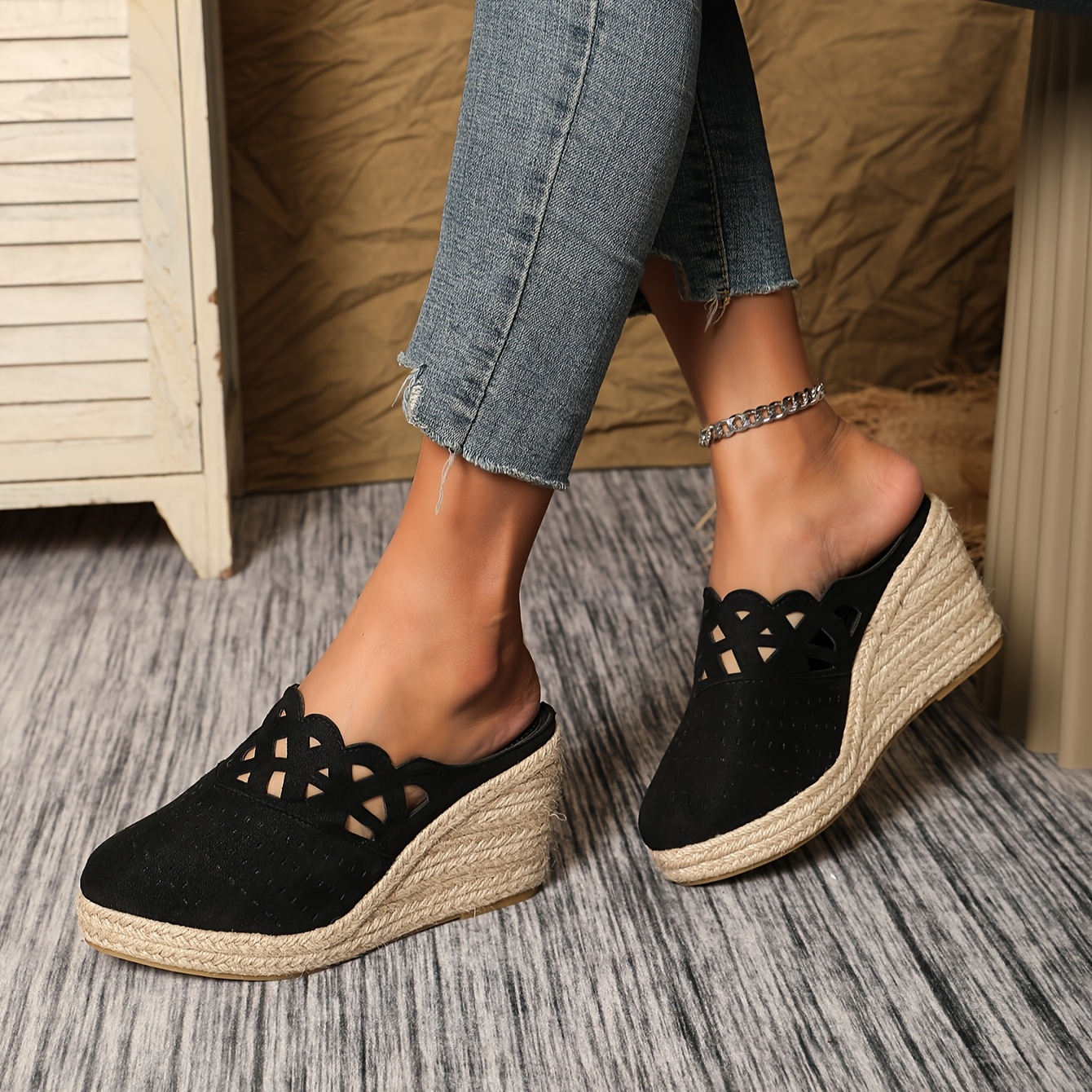 

Elegant Black Cover Wedge Heels For Women - Breathable Laser-cut Design, Lightweight Slip-on Platform Shoes With Espadrille Sole, Round Toe, Fashion