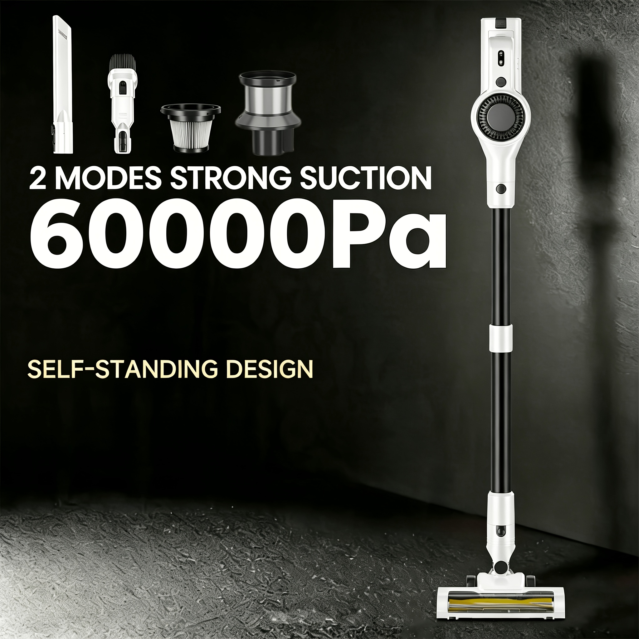 TEMU Aspirateur fil 60KPA, Nouvel aspirateur fil à forte aspiration, Autonomie de 45 minutes, Batterie détachable, Brosse anti-enchevêtrement, Filtre