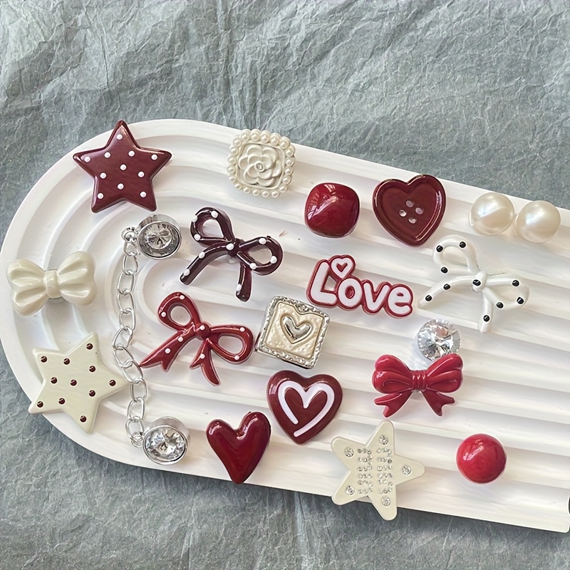 E-shop 20-teiliges/Set | Rote und weiße Schleife Stern Themen Liebe, Schleife Stern Kette Schuhdeko Set - Geeignet für Sandalen mit Löchern,