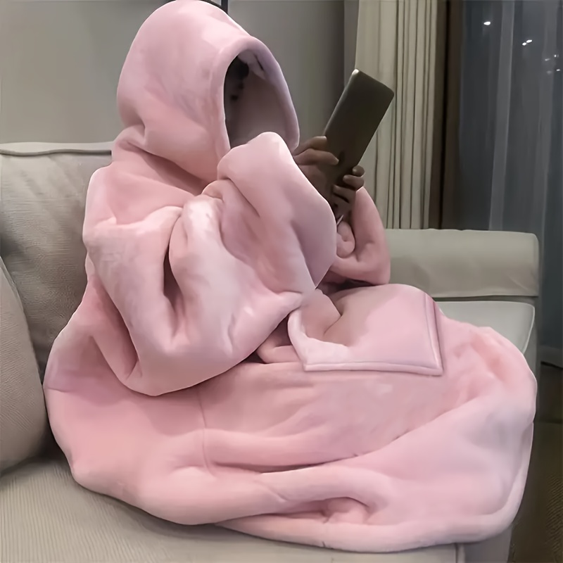 

Contemporary Knitted Wearable Blanket With Hood, Thickened Lazy Sherpa Fleece, Warm Hooded Robe Sleepwear, Polyester, Machine Washable, With Kangaroo Pocket, For Outdoor Cold Weather Hoodie