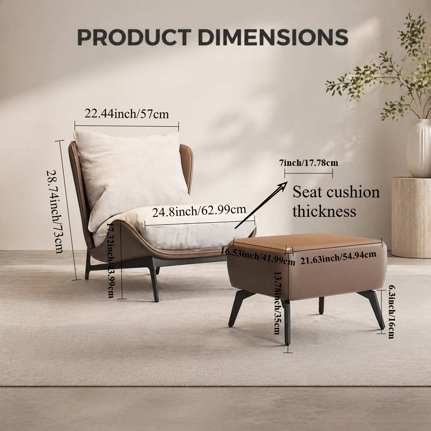Modern Single Sofa Chair with Ottoman Footrest - Comfortable Armchair with Armrests, Solid Wood Frame & Cushioned Seat, Beige/ Brown/Black/Navy Blue/Gray Upholstered Fabric Accent Chair for Living Room, Bedroom, Balcony - Easy Assembly Required, Space-Saving Design, Foam Padding & Sturdy Hardwood Construction, Minimalist Style, Versatile for Reading or Relaxing