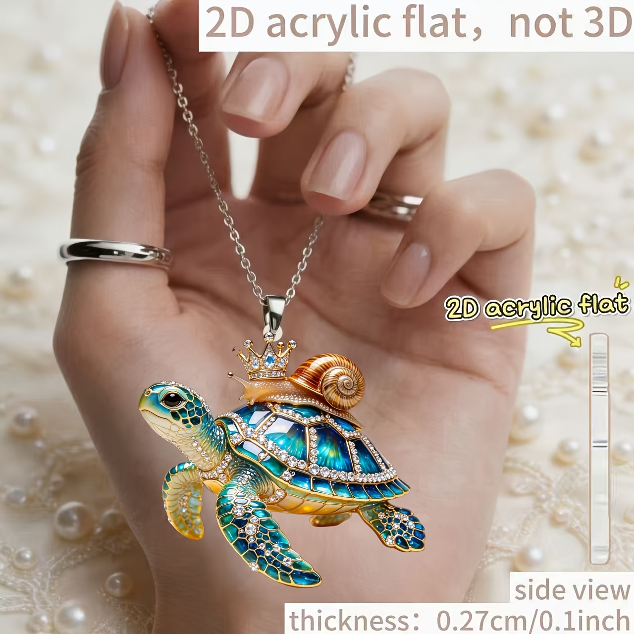 Women's 2D Acrylic Snail on Turtle Pendant Necklace, Gift Idea