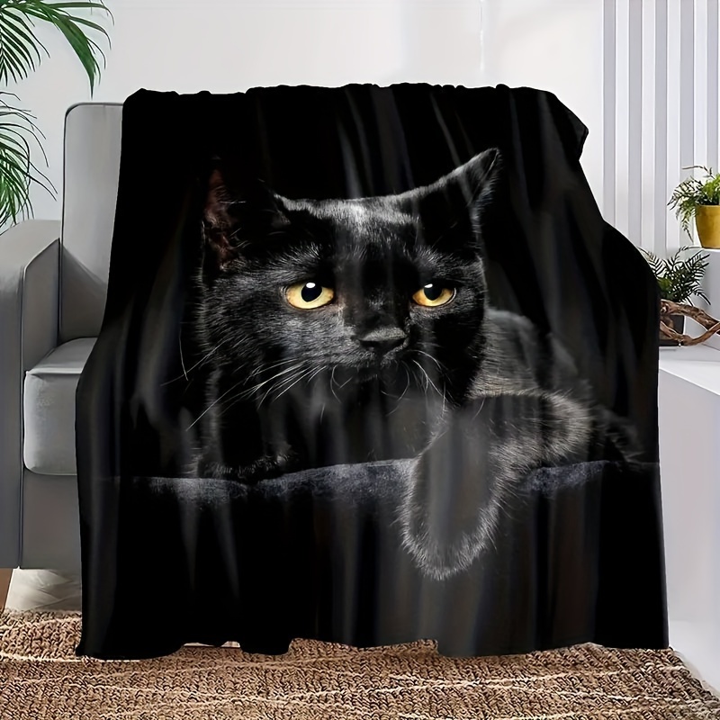 

1pc Black Cat Print Flannel Blanket, Soft Warm Throw Blanket Nap Blanket For Couch Sofa Office Bed Camping Travelling, Multi-purpose Holiday Gift Blanket