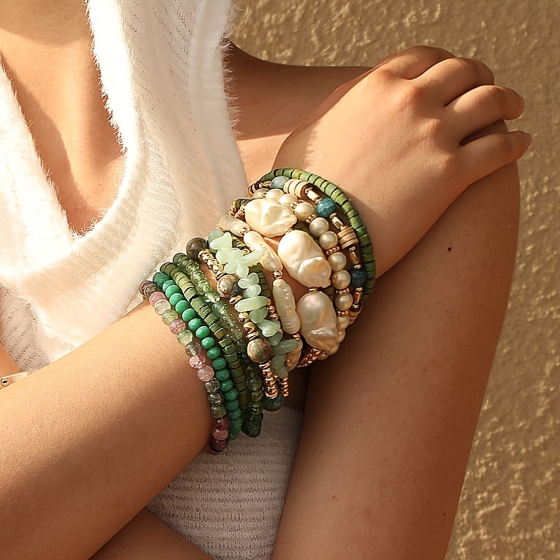 

13pcs Bohemian Handmade Beaded Bracelets Set, Green Stacked Bracelets For Women, Resin Natural Gravels Faux Pearl Beaded Stretch Bracelets For Ladies