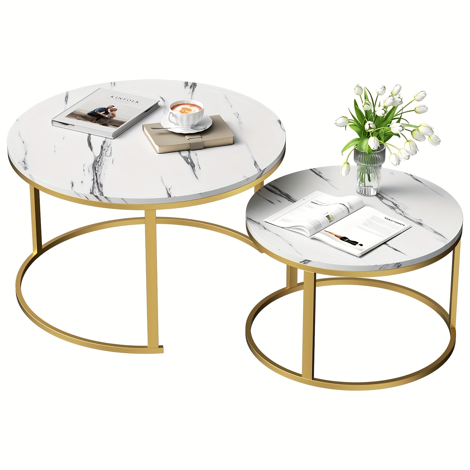 TEMU Modern Round Coffee Table, Living Room Coffee Table, Round Side Table Set Of 2, Marble Tabletop, Suitable For Living Room, Bedroom, Office,