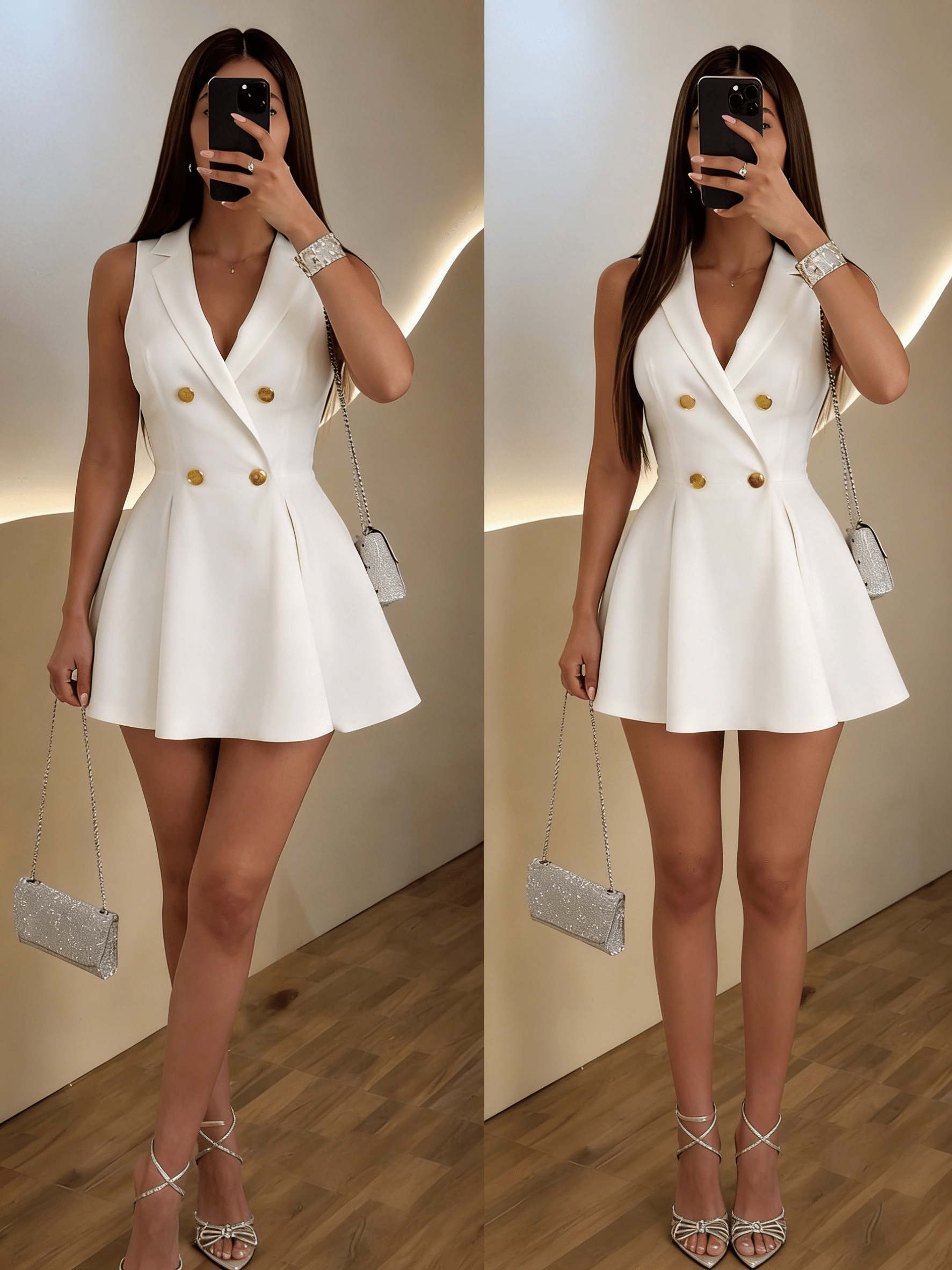   mature   white sleeveless double breasted gold button waist cinched   a line mini dress