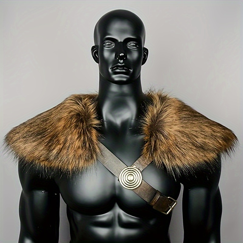 Image of 1pc Men's Fur Shawl, Leather Belt Medieval Shoulder Wrap, Fur Collar Larp Warrior Costume
