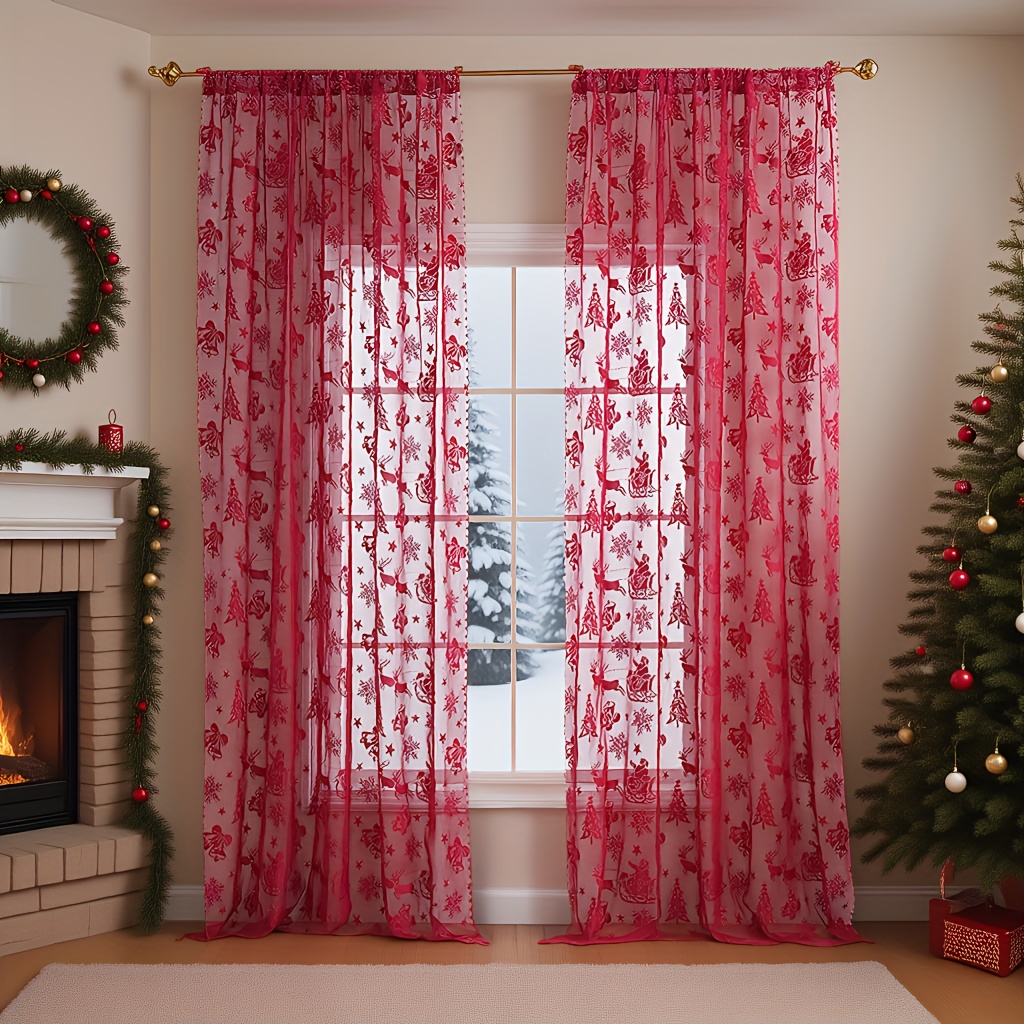 TEMU 1pc Christmas Festive Lace Red Santa Claus Sleigh Reindeer Holiday Decorative Curtain, Window Drapes, Window Curtains, Window Treatments, ,
