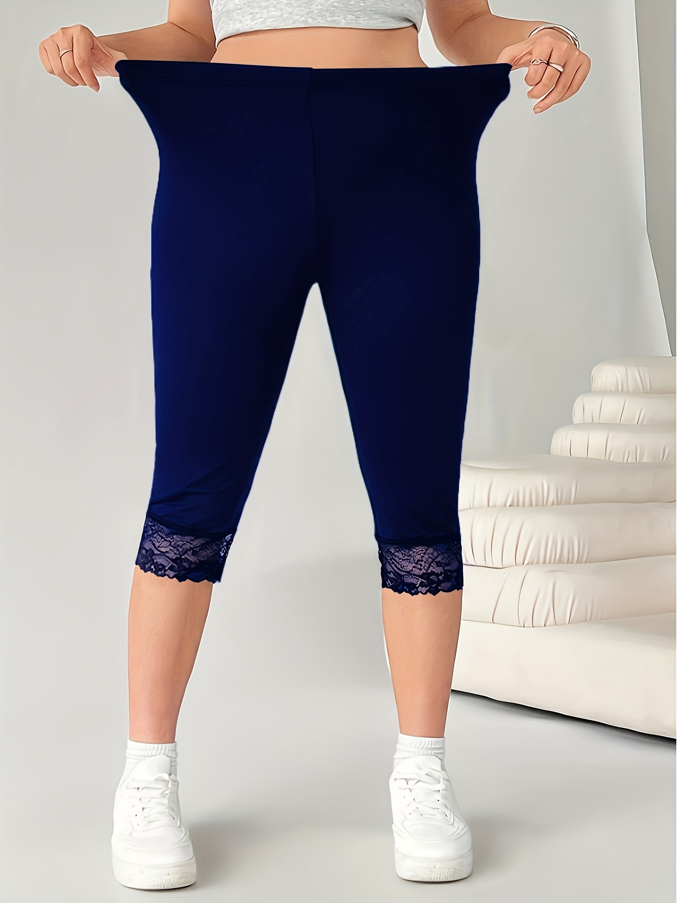women's plus size black capri leggings lace trim high waist Temu