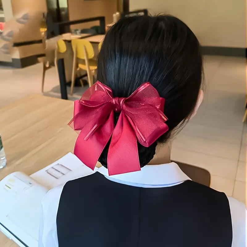 1pc elegant ribbon bow chic professional hair accessory nurse hotel staff hair clip with net cute knot work hairpin Product details 8