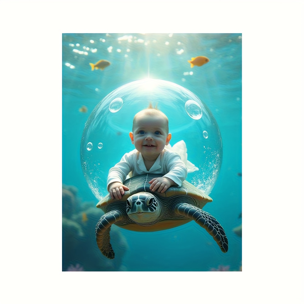 TEMU 2d Flat, 2d Flat, A Whimsical Creative Image Of A Baby Sitting On A Sea Turtle, Custom Portrait Printed Poster For Bedroom Decoration, Unframed