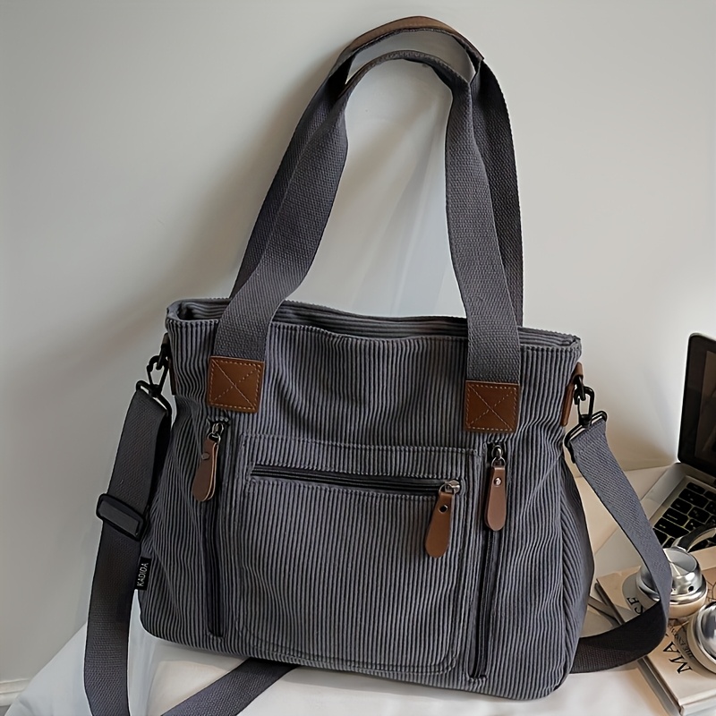 Image of Women's Tote Bag Vintage Corduroy Tote Bag | Multi-zip Pocket And Adjustable Shoulder Strap For Commuting, Work, Shopping, Campus, And Outdoor Use