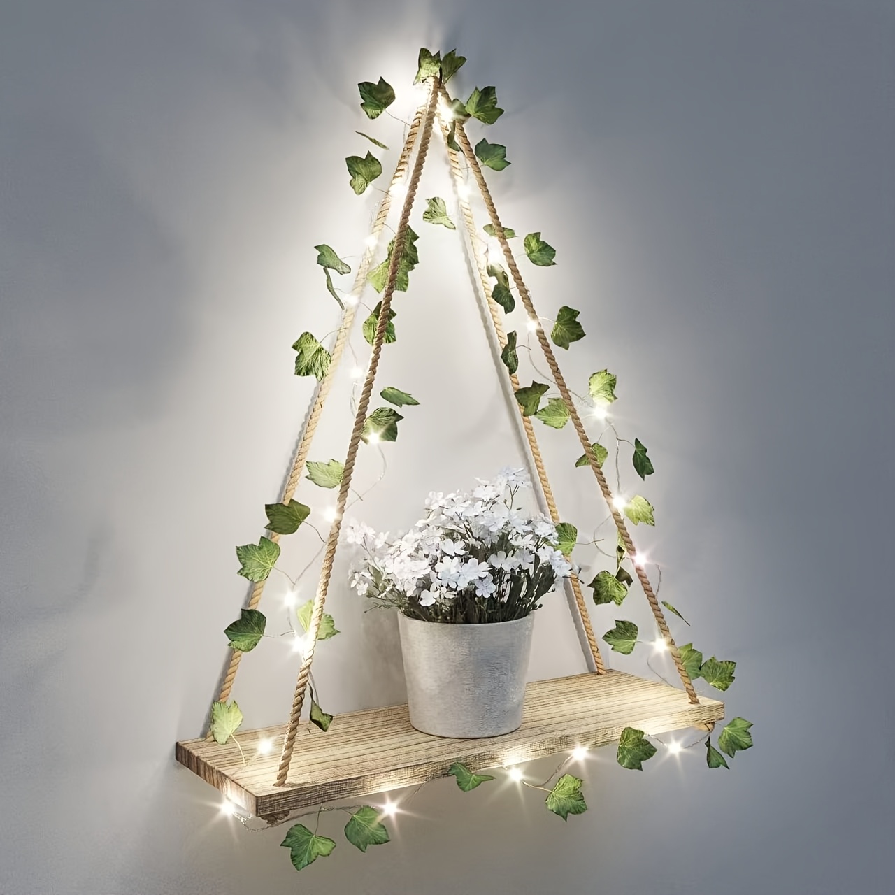 Bohemian Wall-mounted Floating Shelf With Led Strings & Storage Rack - Wood Shelf Suitable For Plants, Books, Decor, No-drill Installation, Space- Hanging Frame For Bedroom,, Décor, Floating Shelves