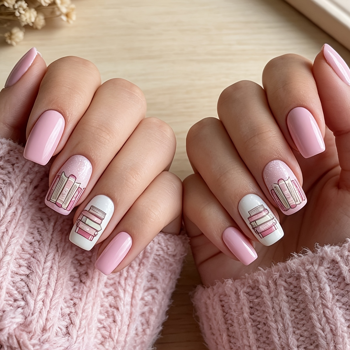 TEMU Back-to- 24pcs Set Of Short To Medium -on Nails With Book Pattern, Square Fake Nail Stickers, Convenient For Daily Wear, Parties, Vacations, And