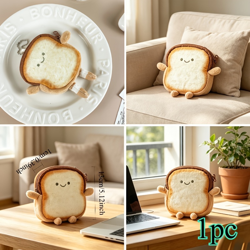 TEMU Cute Toast Avocado Bread Plush Coin Purse, Kawaii Cartoon Small Wallet, Portable Key Chain Bag For Coin, Lipstick Storage Available
