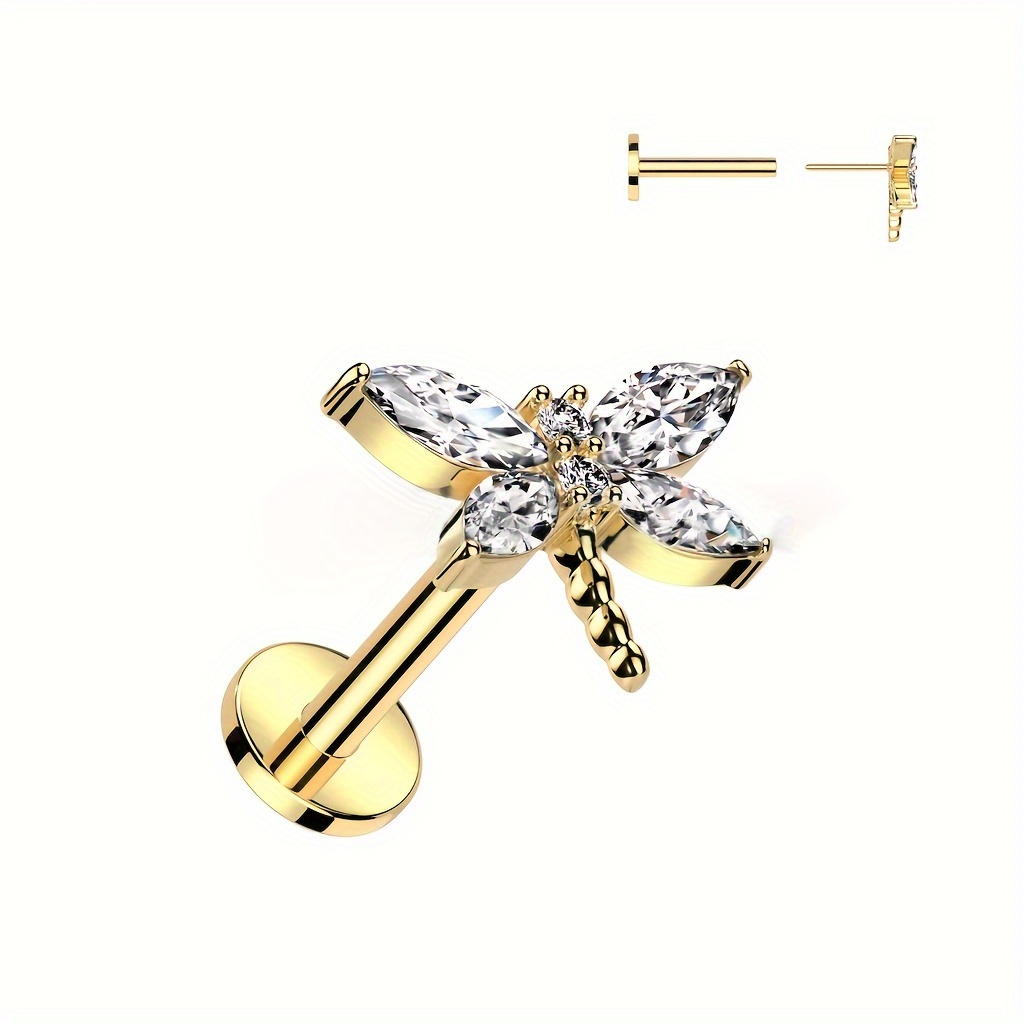 Image of Single-piece Synthetic Synthetic Zirconia Dragonfly-shaped Stud Earrings, Clip-on Style For Pierced Ear Bone, Helix, And Lip Piercings, Fashionable And Minimalist Ear And Lip Jewelry