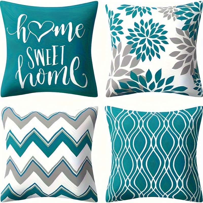 

Set Of 4 Contemporary Throw Pillow Covers With Geometric & Heart "home Sweet Home" Patterns, Stain-resistant, Machine Washable, Zippered 18x18 Inch - Woven Polyester For Sofa, Bedroom, & Office Decor