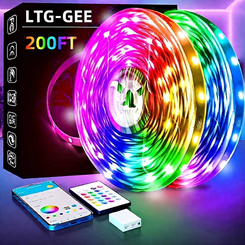 TEMU 200ft Ultra-long Smart Rgb Led Strip Lights - App Control, 5050 Rgb, Color Changing And Music Sync. Ideal For Bedroom, Kitchen, Gaming Room,