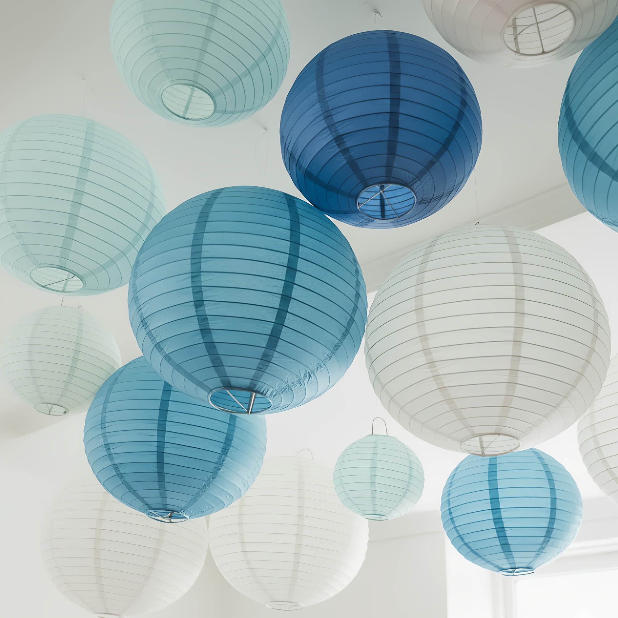 Image of 21pcs Pale Blue & Dusty Blue Paper Lanterns Set | Dusty Blue Paper Lamps For Party, Wedding, Outdoor, Birthday, Graduation Decoration