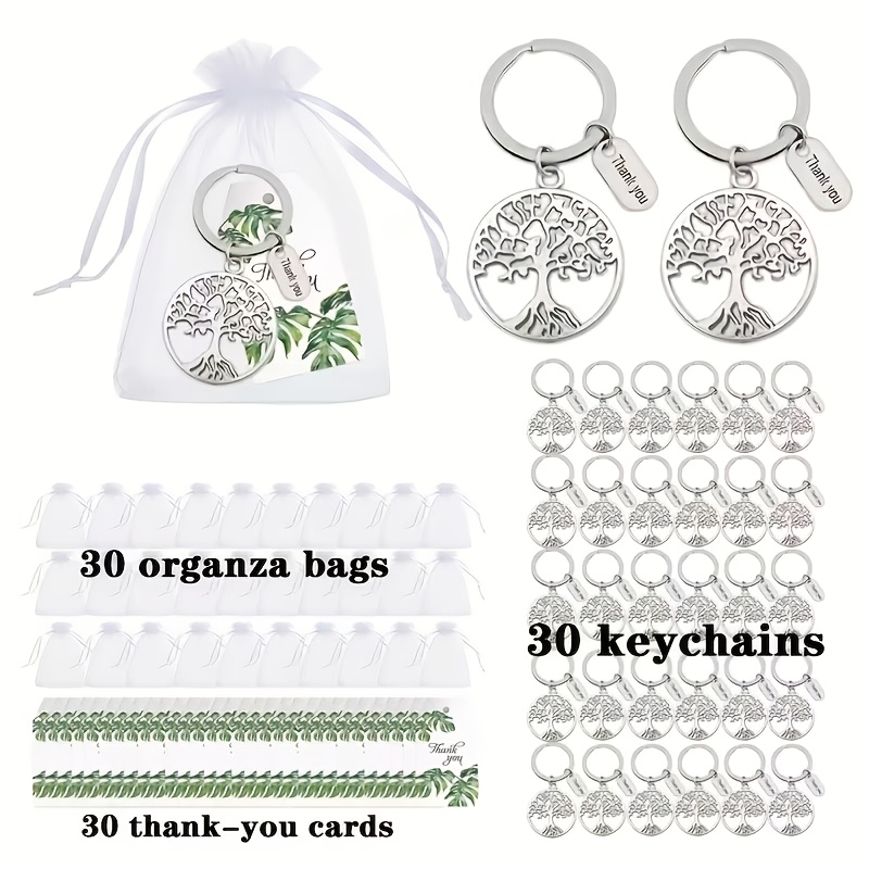 TEMU Porte-clés Arbre de Vie, 90 pièces : Comprend 30 Cartes de Remerciement à Feuille Verte, 30 Sachets en Organza Blanc et 30 Porte-clés en Alliage