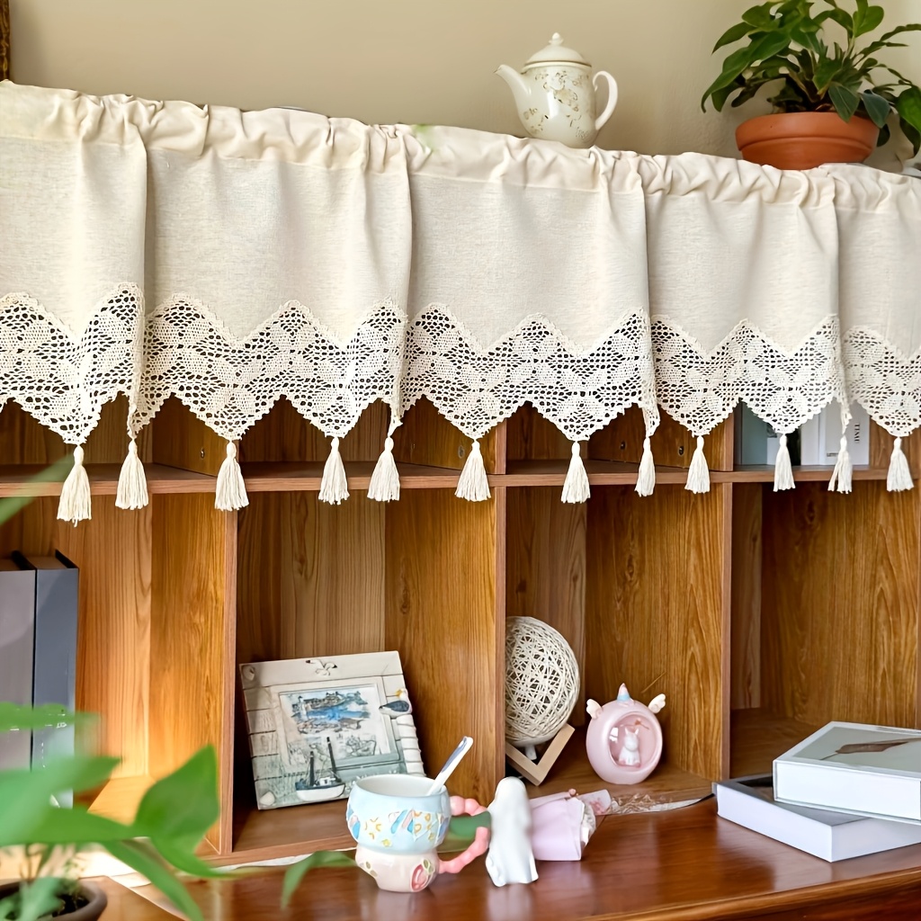 Image of Pack Of 1, Japanese Retro Splicing Hollowed Crochet Fringe Lace Cafe Curtains, Rod Pockets, For Kitchens, Cabinets, Living Rooms, Bedrooms, Farmhouses, Small Windows Home Decoration